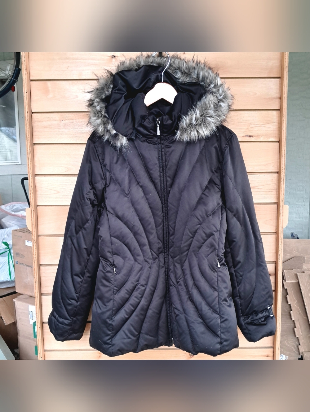 Black Quilted Ski Jacket with Faux Fur Hood